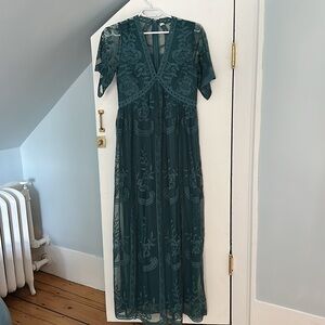 Pink blush maternity lace dress in teal. Size Small.